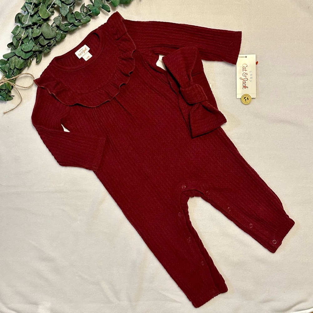 NWT Cat & Jack Waffle Ruffle Yoke Romper with/ matching Headband